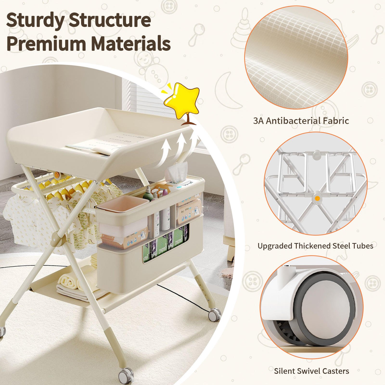 Baby 3-in-1 Foldable Diaper Changing Table, Newborn Mobile Bath Care Station